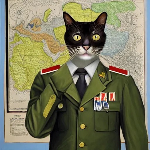 painting of a cat in military uniform pointing at a Stable Diffusion