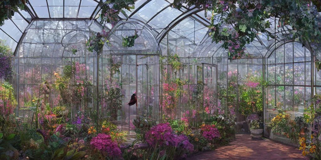 glass greenhouse, birds, flowers, fairy tale, evening Stable