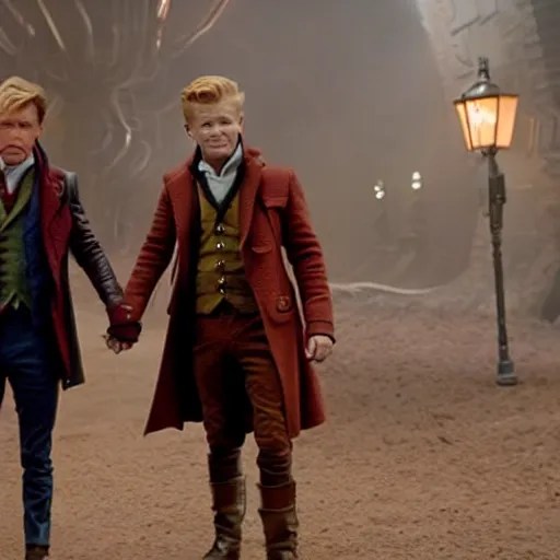 newt scamander walking hand in hand with baby groot Stable Diffusion