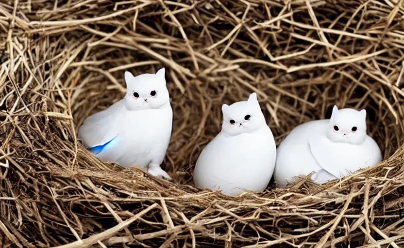 A dove and an exotic shorthair cat guarding their eggs Stable