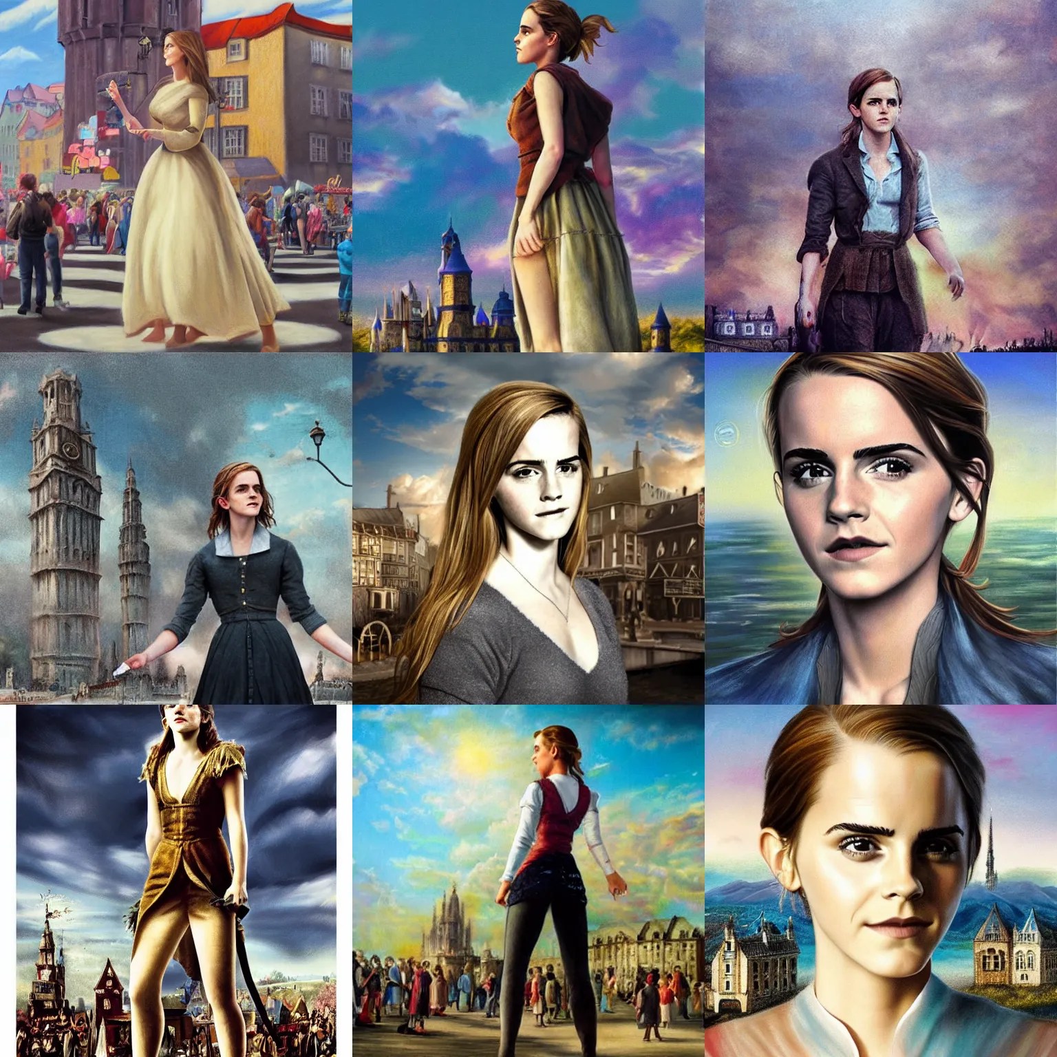 Giant Emma Watson stands next to a town, surrounded by Stable