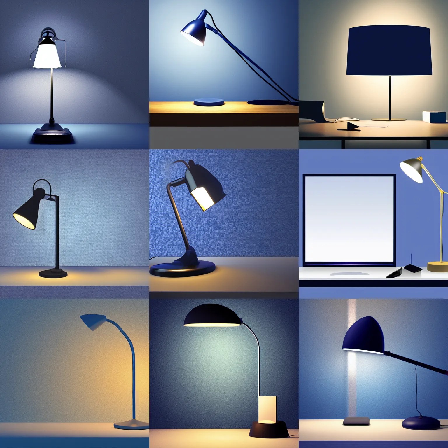 a navy blue desk lamp in front of a blue gradient Stable Diffusion