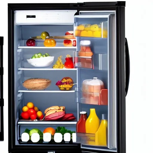 a fridge ajar door on a dark room, full of food, black Stable