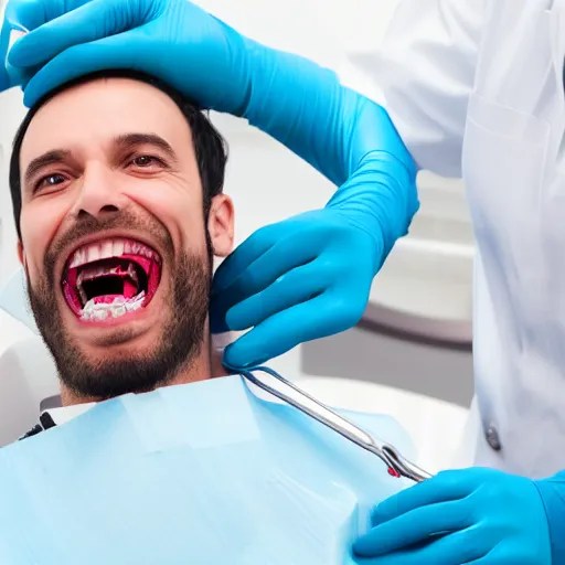 a evil dentist preparing to pull a scared mans teeth, Stable