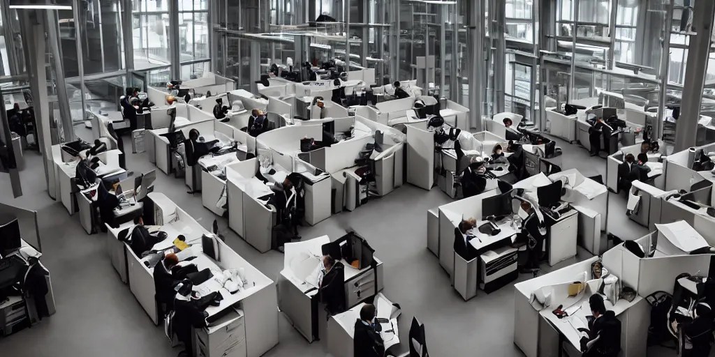 a large office filled with hundreds of depressed Stable Diffusion