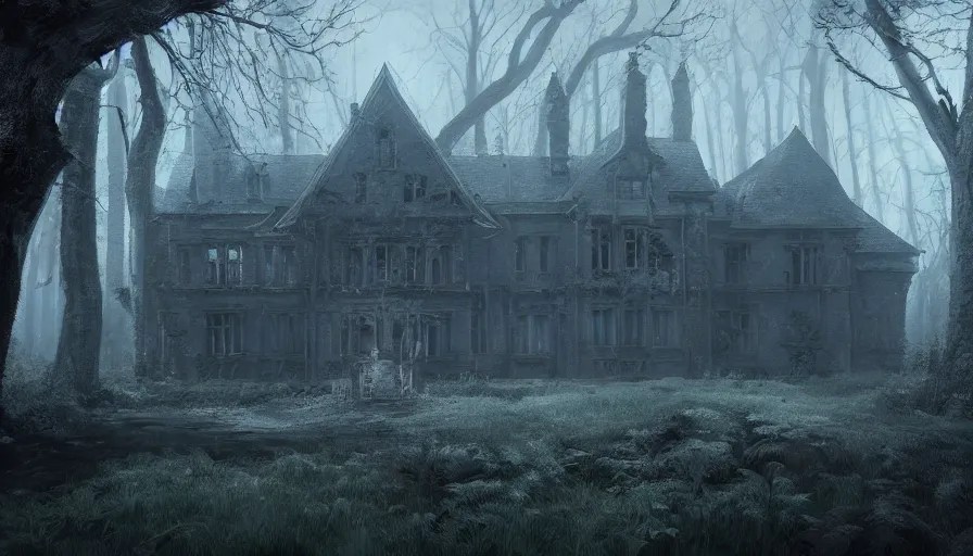 Abandoned manor in a dark forest with a light mist, Stable Diffusion