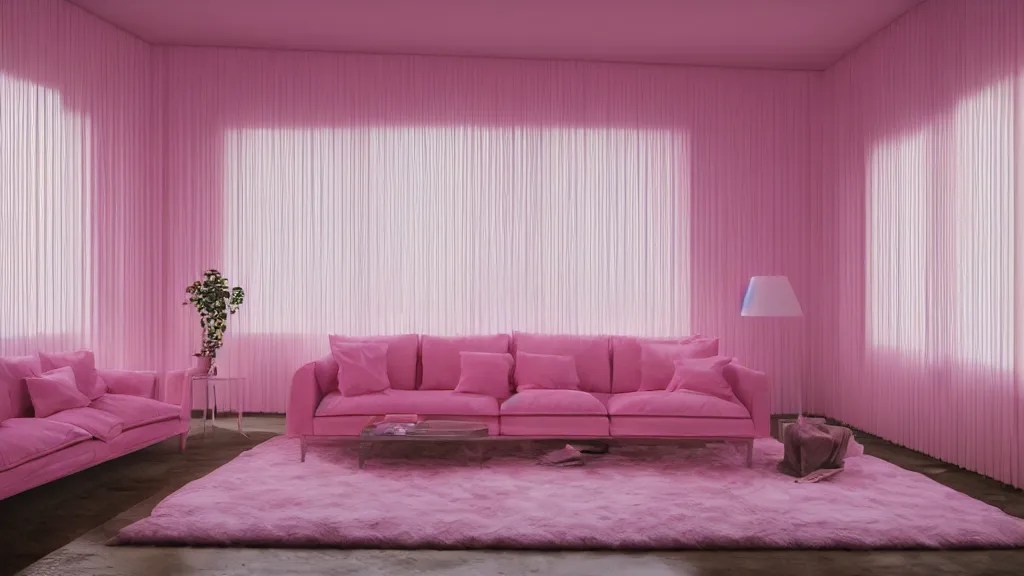 pink velour sofa, white walls, daytime, soft light Stable Diffusion