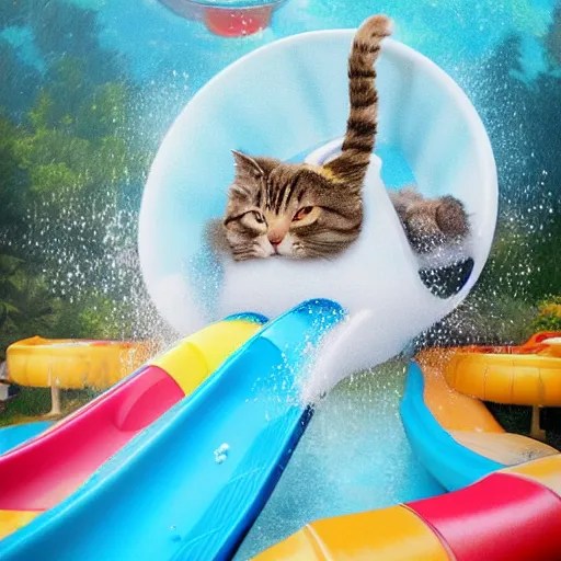 cat sliding down a water slide, water park, cat having Stable Diffusion