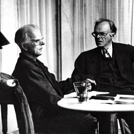 a photograph of carl jung and aldous huxley having a Stable Diffusion