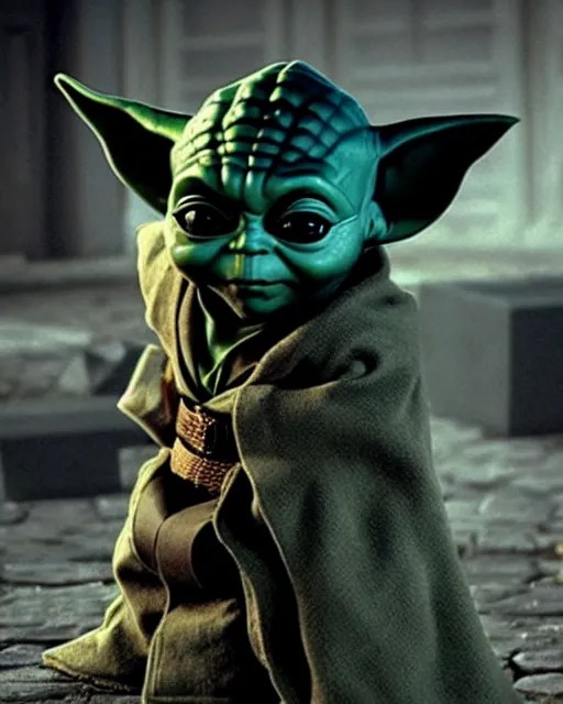 epic action still of baby yoda wearing batman outfit Stable Diffusion