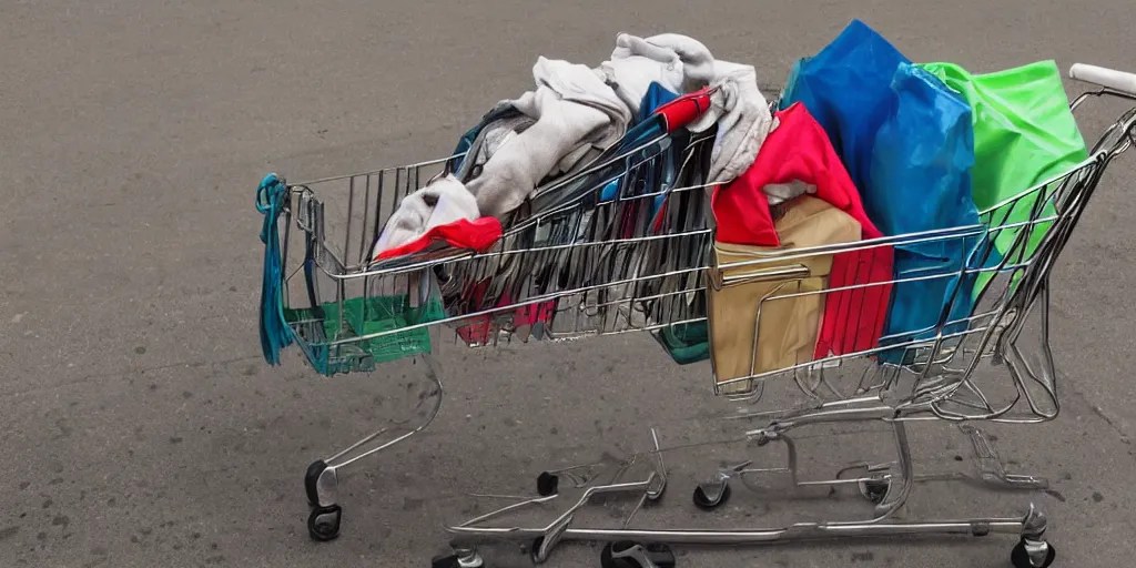 a homeless person's shopping cart filled with dirty Stable Diffusion