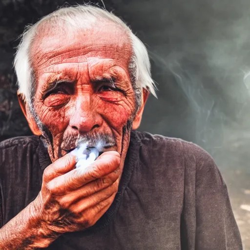 a old man, red eyes, in smoking, looking on the camera Stable