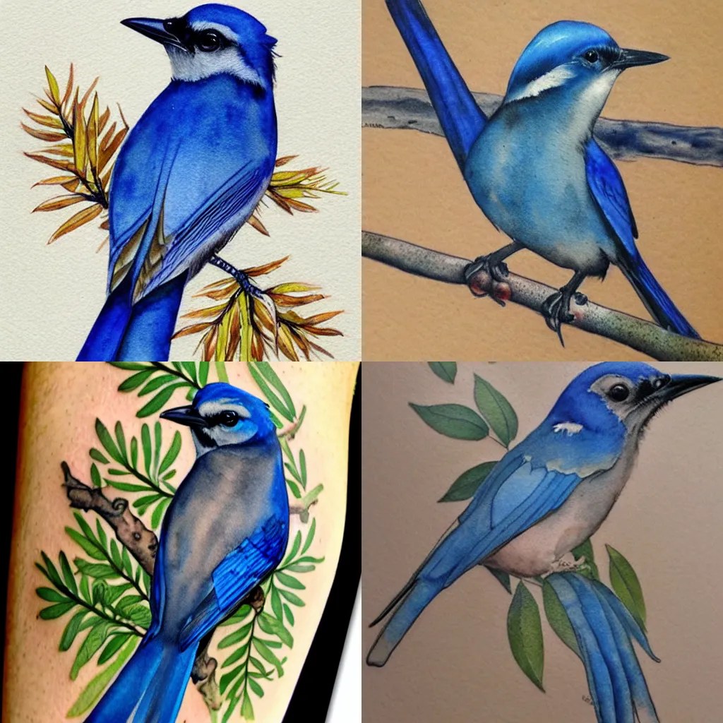 tattoo of a California scrub jay, nature illustration Stable