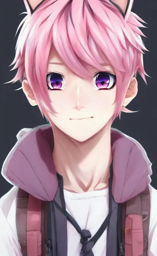 character concept art of an cute anime boy with pink Stable Diffusion