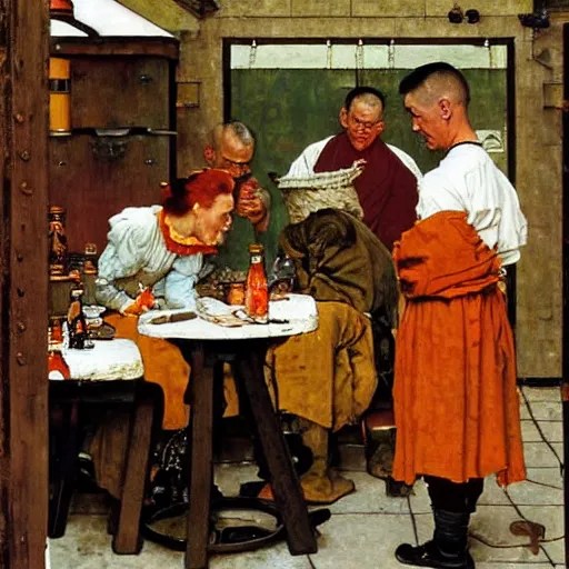 A kitchen wench serving beers to a group of monks, Stable Diffusion