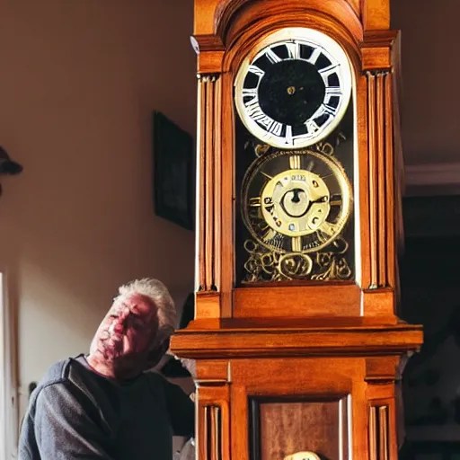 photo of a grandfather clock with a human oldman head Stable
