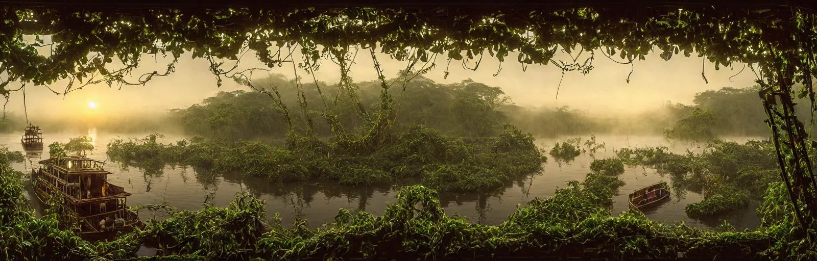 A wooden, beautiful 1880's steamboat overgrown with Stable Diffusion
