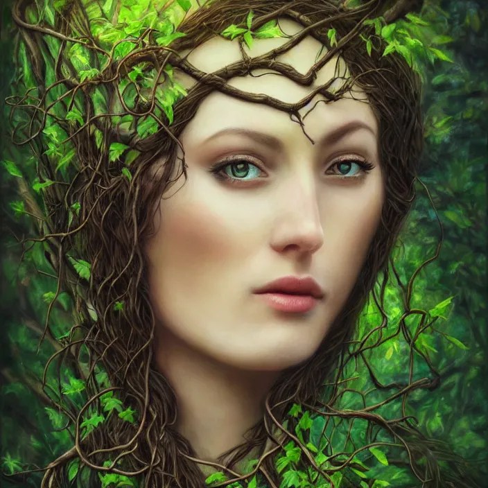 nature goddess, beautiful portrait, entwined in vines Stable