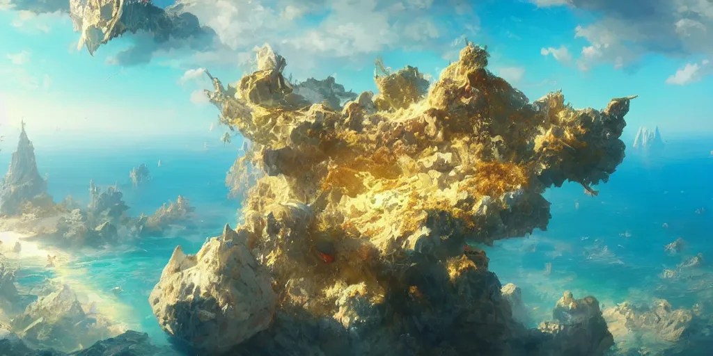 Floating fantasy island over a blue ocean, Darek Stable Diffusion
