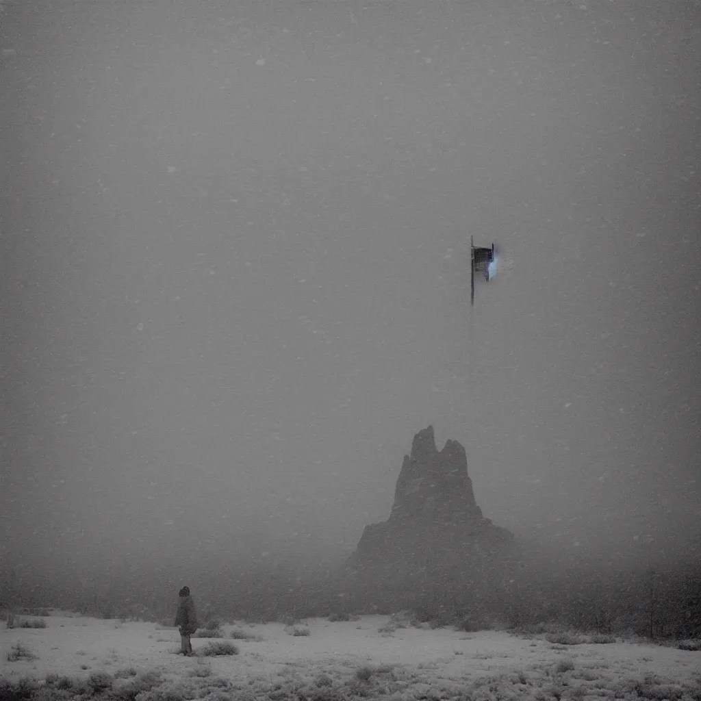 photo of shiprock, new mexico during a snowstorm. a Stable Diffusion
