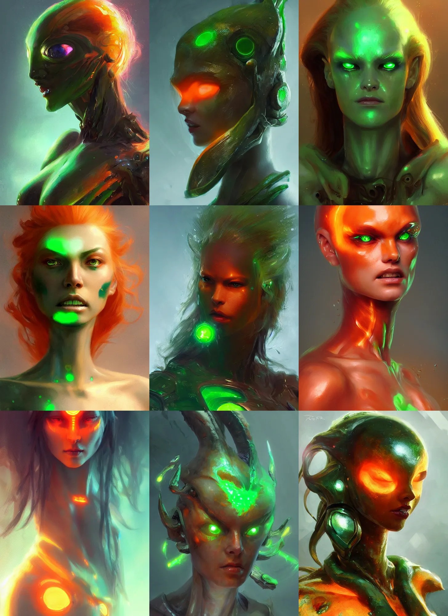 beautiful female alien with glowing green eyes, orange Stable Diffusion