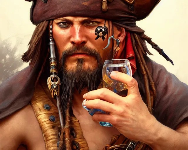close up of an old pirate drinking rum, deep focus, d Stable