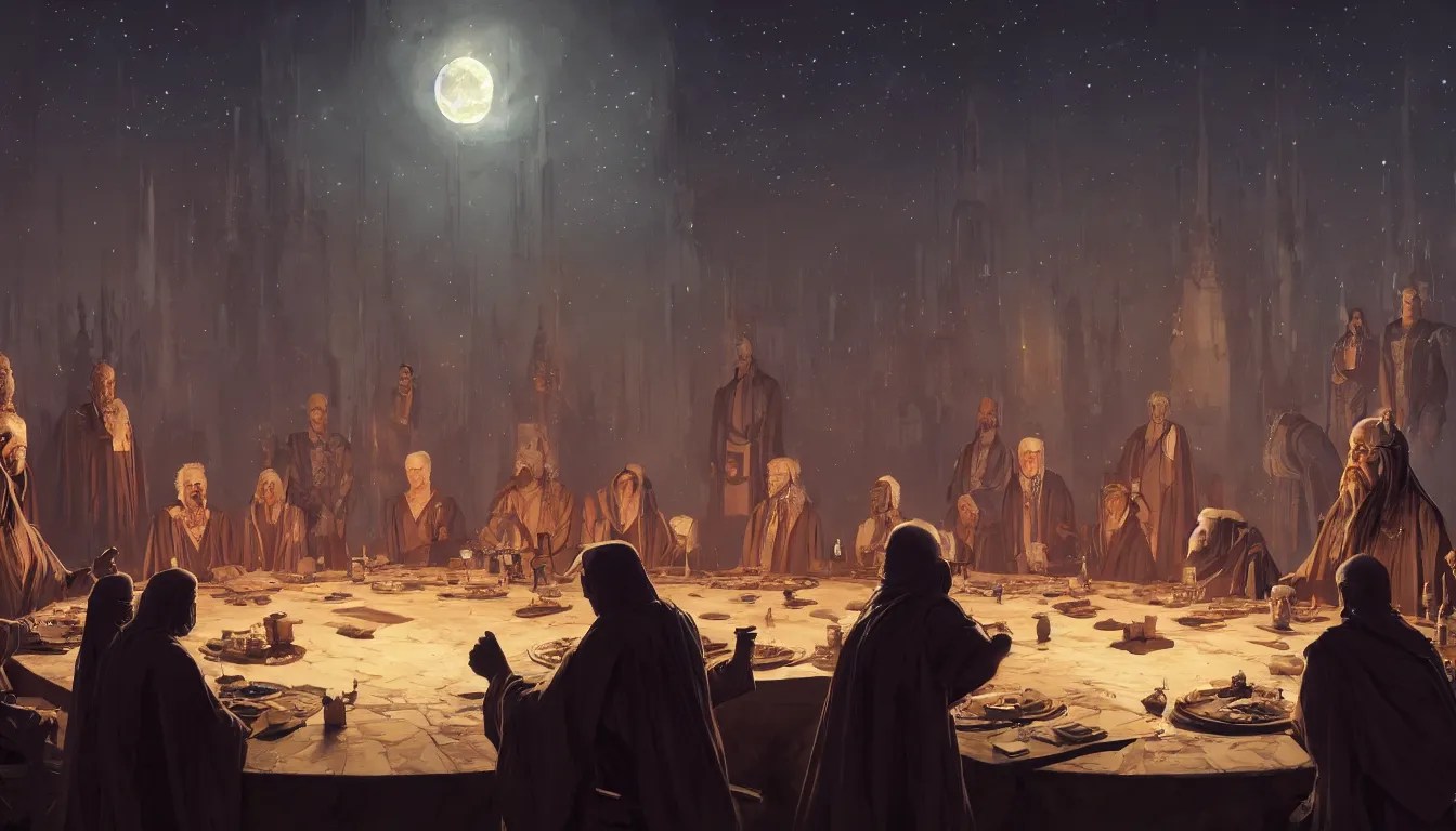 A meeting of the council of elders, robed figures sat Stable Diffusion