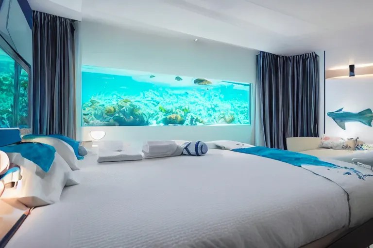 an underwater hotel room from the future, the bed is a Stable Diffusion