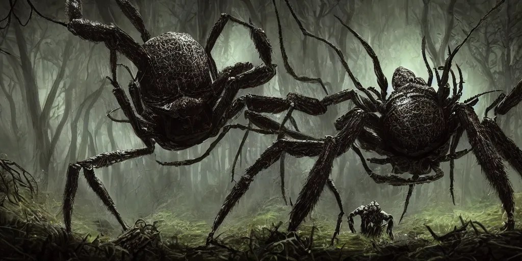 huge spider monster in a dark forest, creeping from Stable Diffusion