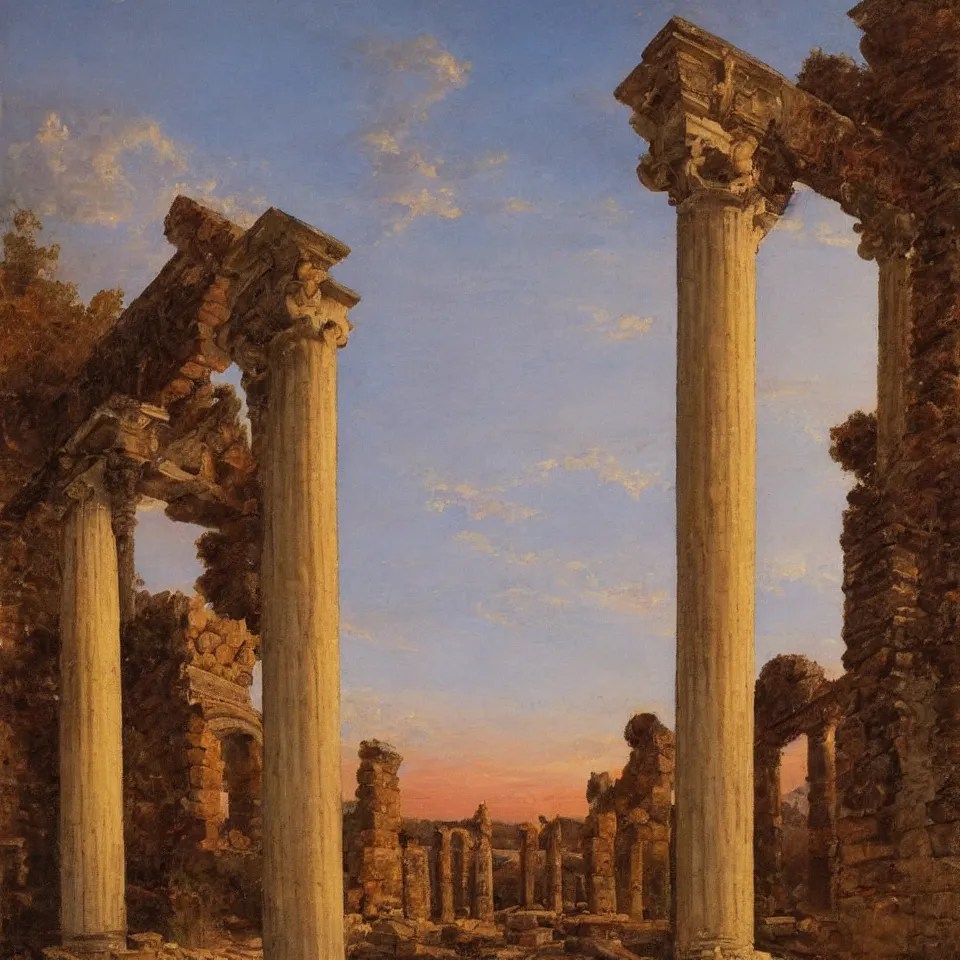 Roman columns and ruins at sunset, painted by Ippolito Stable Diffusion