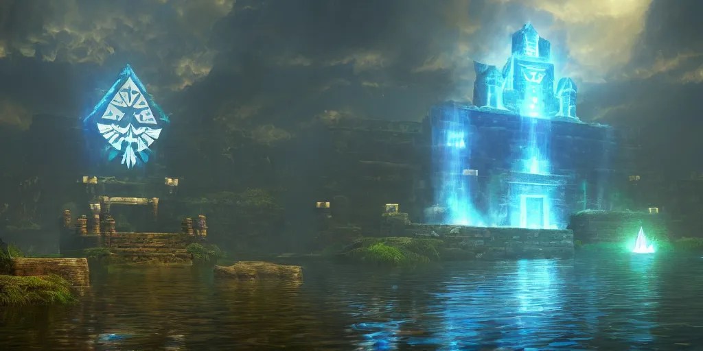 legend of zelda water temple, dimly lit, blue torches Stable Diffusion