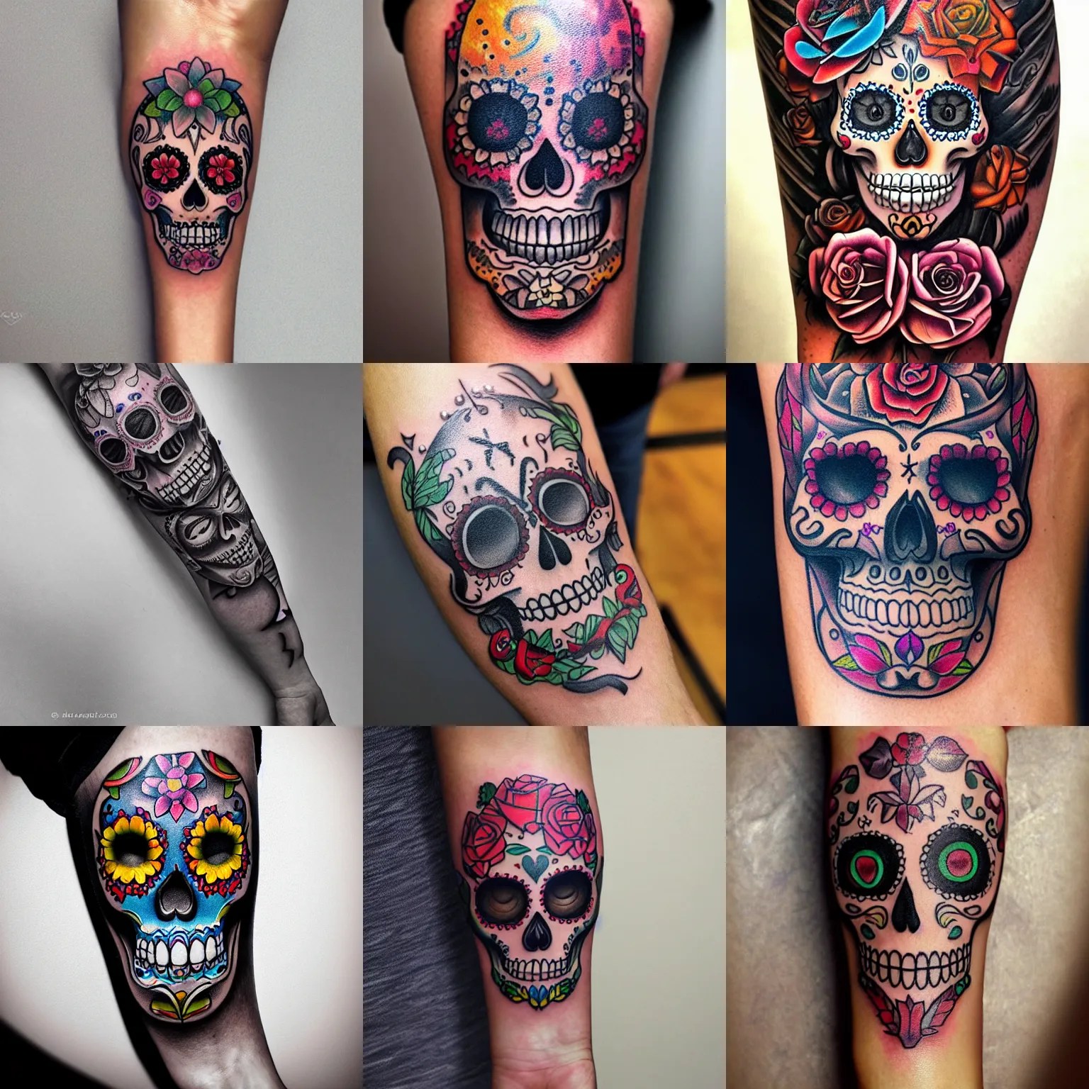 cartoon sugar skull tattoo on forearm by ruben Stable Diffusion