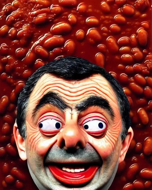 portrait of mr bean's face in a bowl full of baked Stable Diffusion