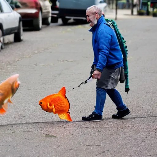 a man taking his goldfish for a walk. Stable Diffusion