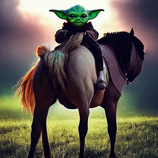 “baby yoda riding a marvelous horse, cinematic Stable Diffusion