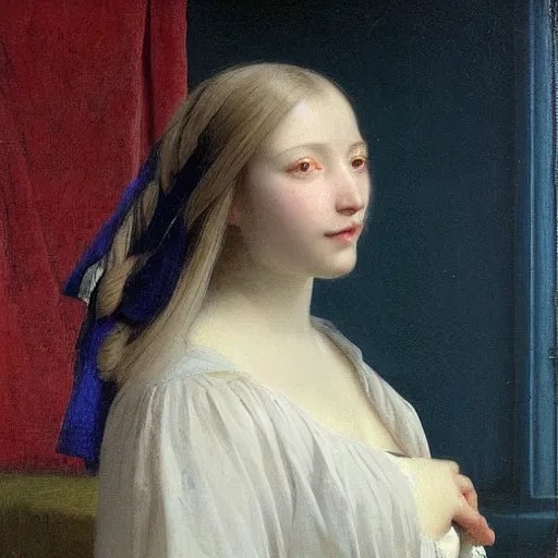 a young woman’s face, her hair is white, she wears a Stable Diffusion