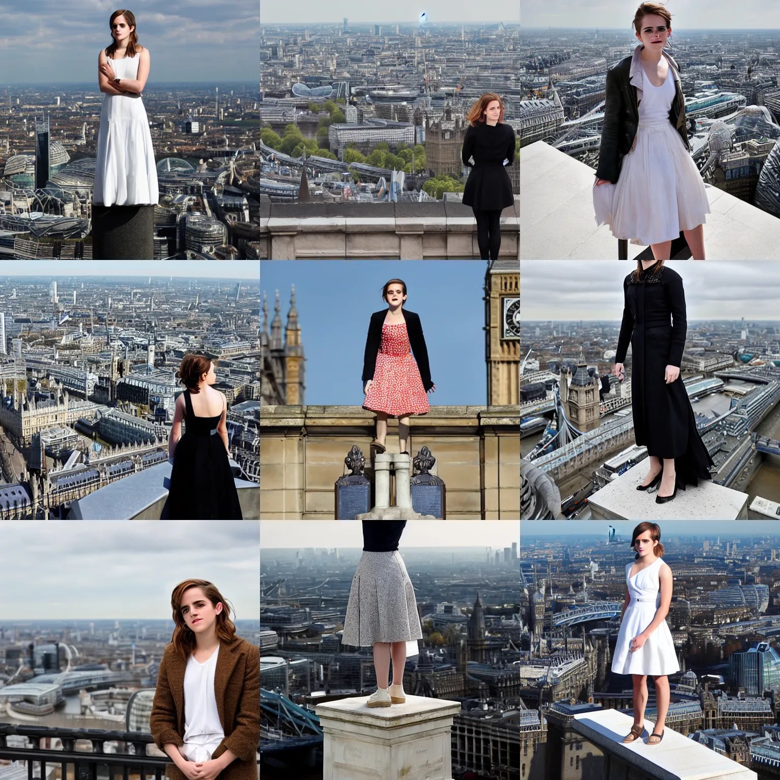 emma watson stands atop a large plinth with london Stable Diffusion