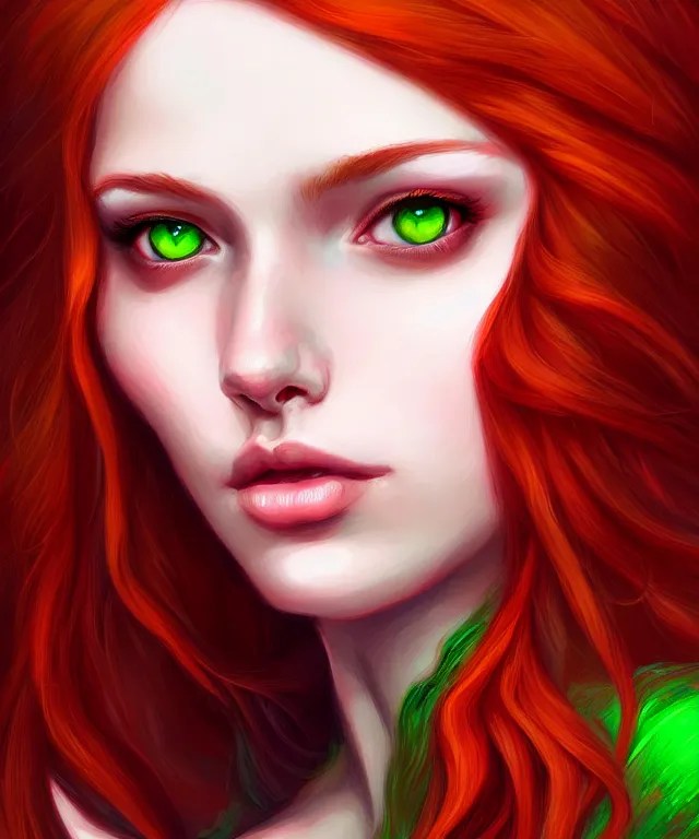 Fae teenage girl, portrait, face, long red hair, green Stable