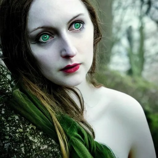 beautiful woman, very pale skin, dark hair, green Stable Diffusion