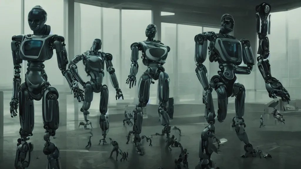 robots debating AI ethics, movie still, cinematic Stable Diffusion