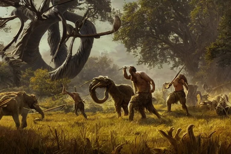 epic scene of prehistoric hunter gatherers hunting Stable Diffusion