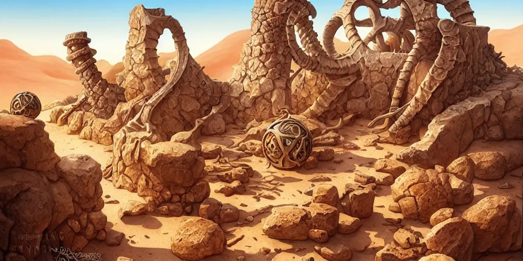 a fantasy desert landscape, ruins, bones, rocks, arid Stable Diffusion