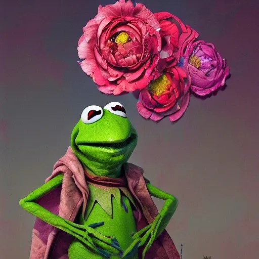 painting of kermit the frog dressed with flowers, Stable Diffusion