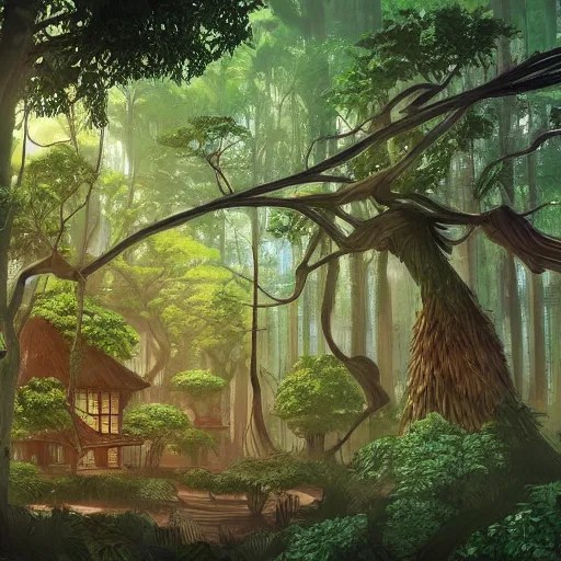 stunning tree city in amazon forest by studio ghibli, Stable Diffusion