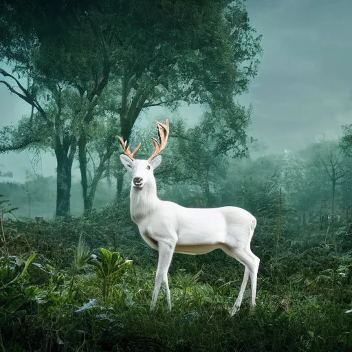 professional photograph of a majestic white deer Stable Diffusion
