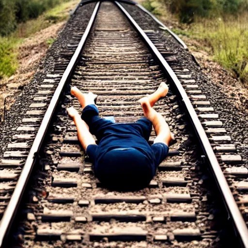 man laying on train tracks Stable Diffusion