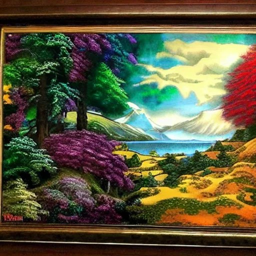 a bob ross painting mixed with thomas kinkade mixed Stable Diffusion