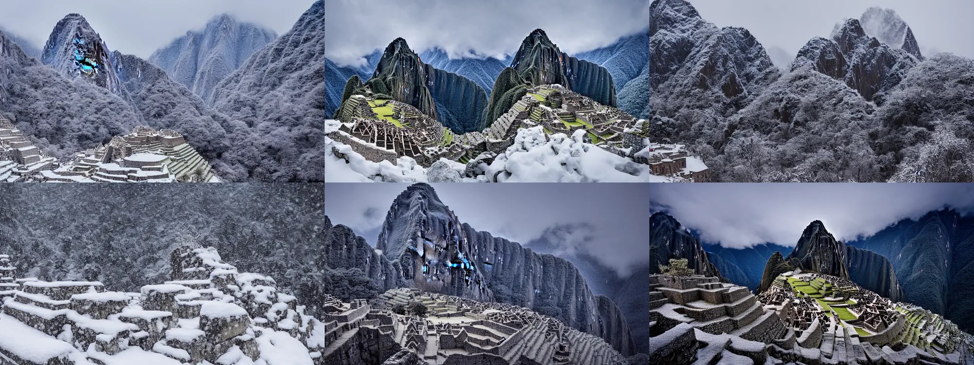 Machu Picchu covered in snow, blizzard, winter, Stable Diffusion