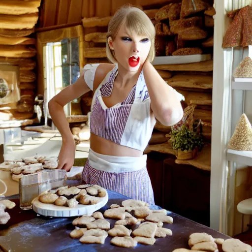 Taylor swift making cookies happily in a cute cottage Stable Diffusion