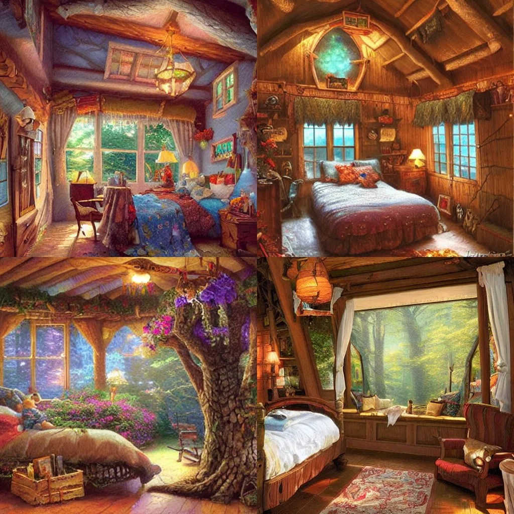 Cozy treehouse bedroom interior, Thomas Kinkade Stable Diffusion
